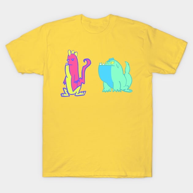 Dino Duo: Pink, Yellow, Blue, and Turquoise Dinosaurs T-Shirt by Arteus 